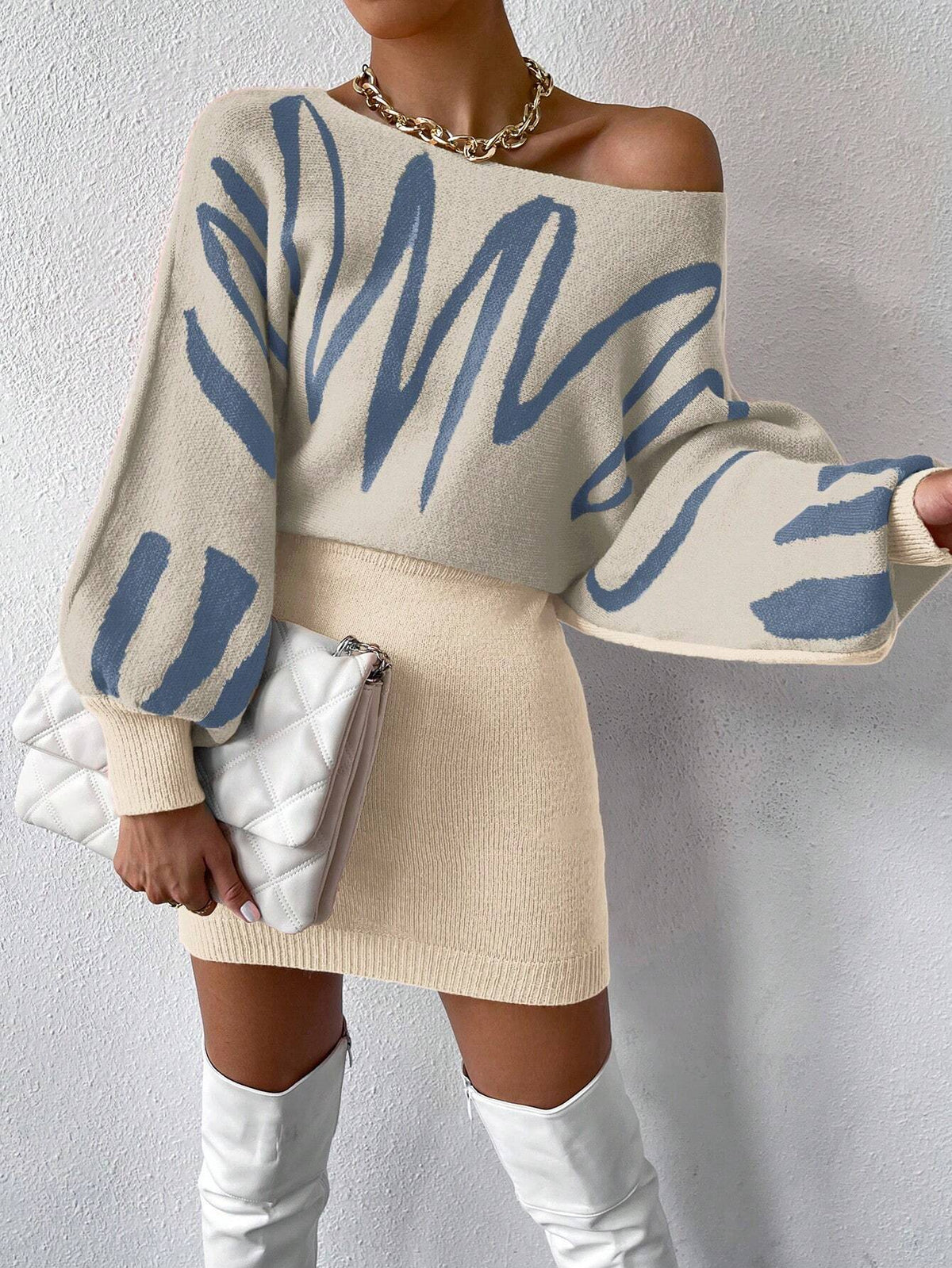 Chiquease Graphic Pattern Batwing Sleeve Sweater Dress Fall Winter Cloth for Women