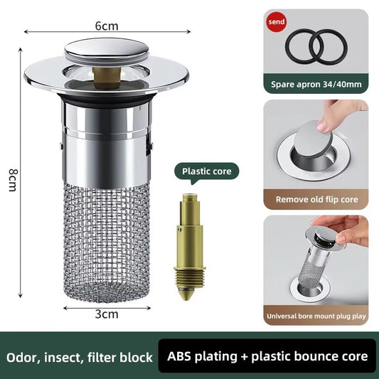1PCS Washbasin Leak Plug, Stainless Steel Odor Proof Bouncing Core, Press Type Sink Drain, Universal Accessory for Washbasin